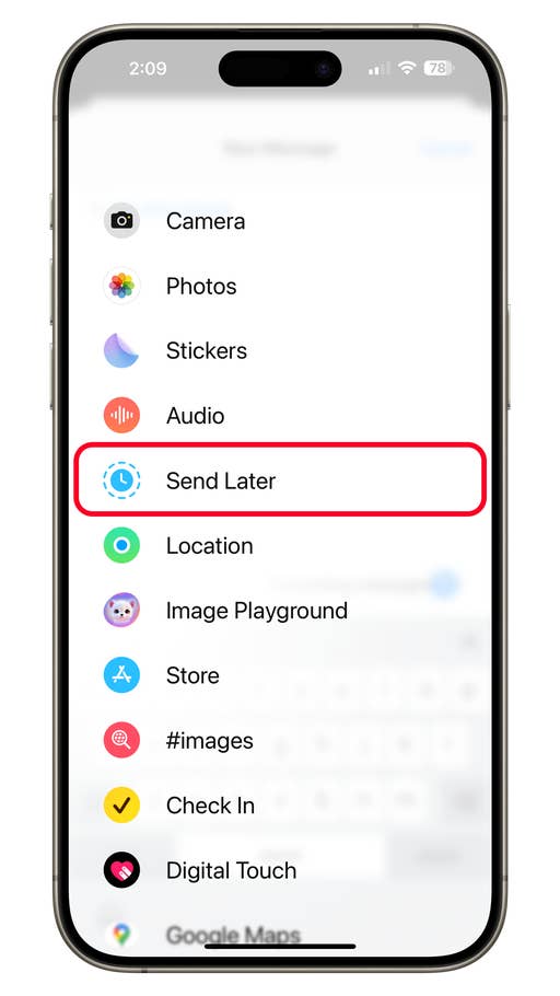 Ein Telefonbildschirm, der Messaging-Optionen anzeigt, mit hervorgehobenem 'Später senden'.