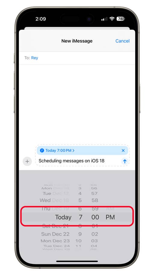 iMessage-Bildschirm in iOS 18 mit einer geplanten Nachricht für heute um 19:00 Uhr.