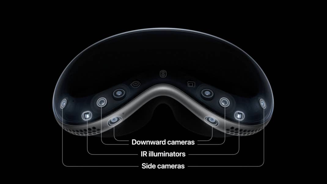 Der neu eingeführte R1-Chip verarbeitet die Daten von 12 Kameras, fünf Sensoren und sechs Mikrofonen. Apple Vision Pro Kameras und Sensoren
