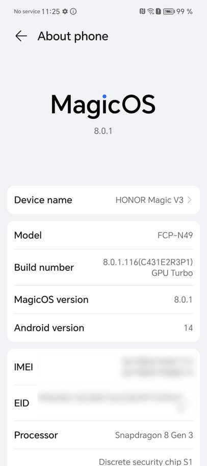 Honor Magic V3: Screenshot mit der 'Über das Gerät'-Seite