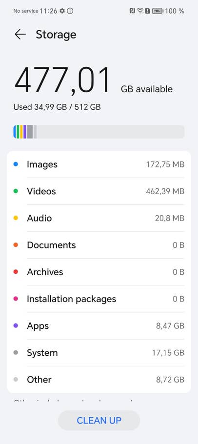 Honor Magic V3 Screenshot, zeigt die Speichereinstellungen mit 34,99 GB genutztem Speicherplatz