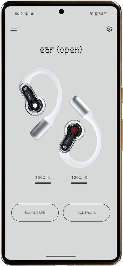 Ein Smartphone-Bildschirm zeigt die Nothing Ear Open-App mit Ohrhörer-Steuerungen und einem Equalizer.