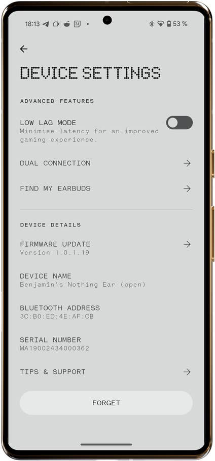 Gerät Einstellungen Bildschirm für Nothing Ear (offen) mit Optionen für den Low-Lag-Modus und Firmware-Update.