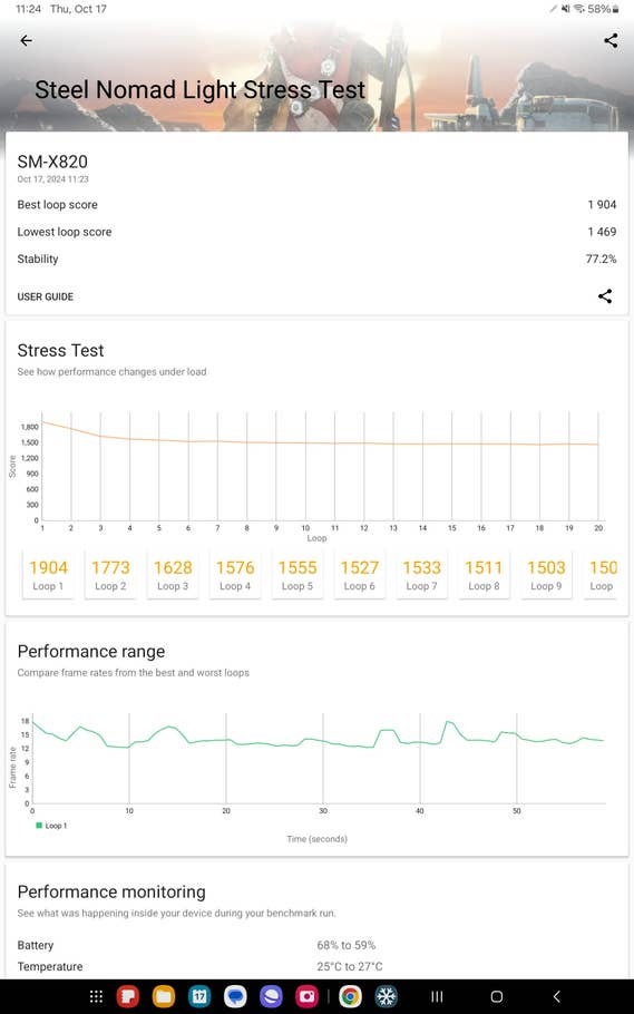 Screenshot mit Benchmark-Ergebnissen des Samsung Galaxy Tab S10+ Tablets.