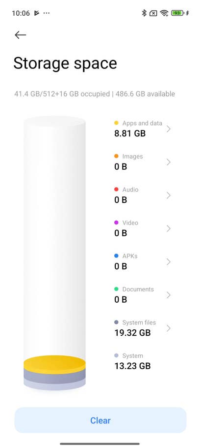 Xiaomi 15 Ultra Speicherseite zeigt 41,4 GB genutzt und 486,6 GB verfügbar.