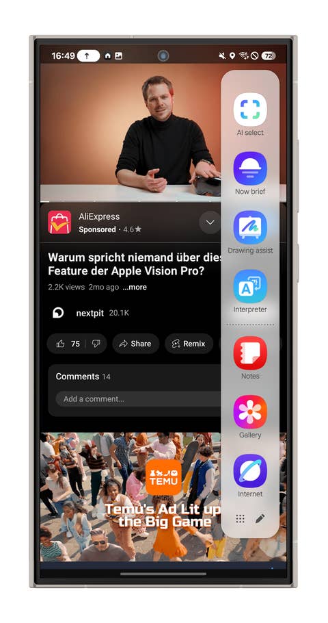 Ein Smartphone, das einen gesponserten Beitrag von AliExpress mit Video- und App-Optionen.