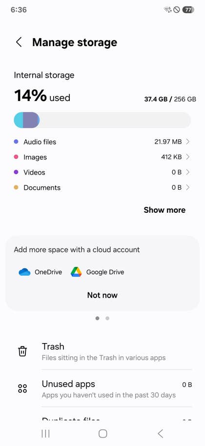 Speicherverwaltungsbildschirm zeigt 37,4 GB Nutzung auf einem Samsung Galaxy S25 Ultra mit Optionen für Cloud-Speicher.