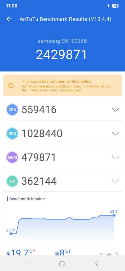 AnTuTu-Benchmark-Ergebnisse für Samsung Galaxy S25 Plus, Punktzahl: 2429871, CPU: 559416, GPU: 1028440.