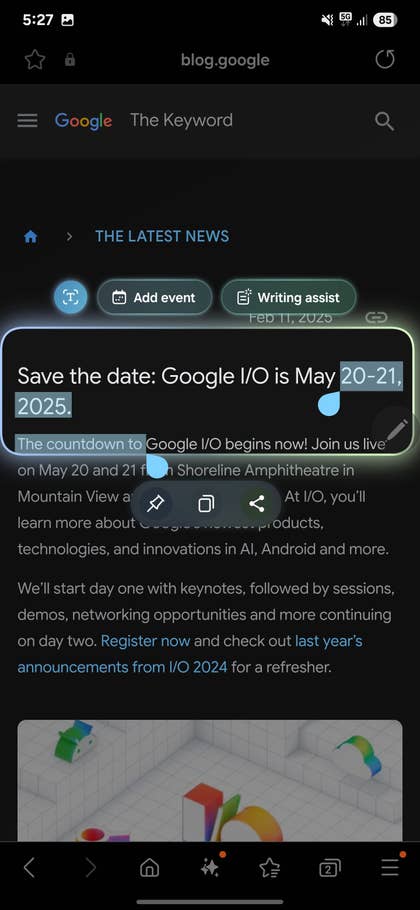 Samsung Galaxy S25 Ultra zeigt eine Erinnerung für die Google I/O 2025-Veranstaltung mit Details.