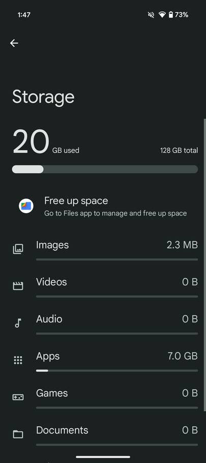 Speicheroberfläche des Google Pixel 9a, die 20 GB von insgesamt 128 GB zeigt.