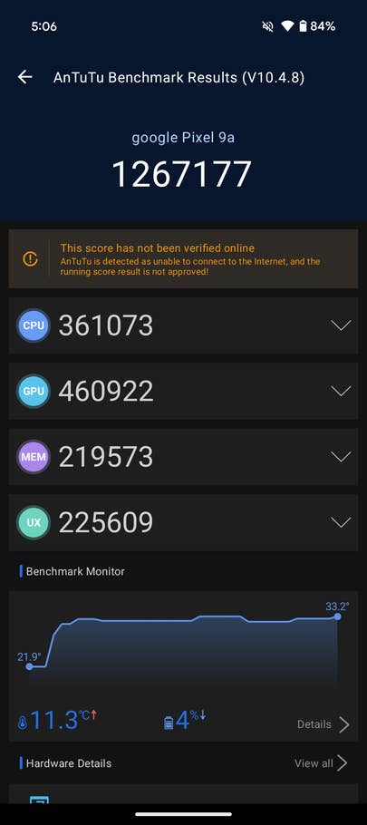 AnTuTu-Benchmark-Ergebnisse für Google Pixel 9a: Punktzahl 12671777, CPU 361073, GPU 460922, MEM 219573, UX 225609.