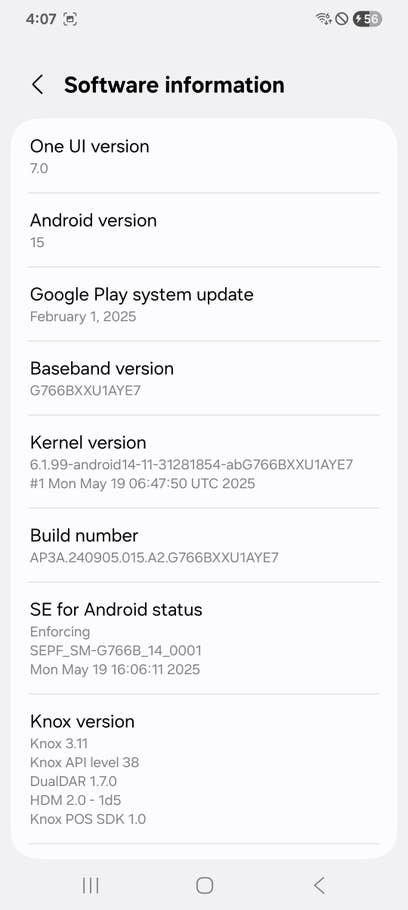Samsung Galaxy XCover 7 Pro Software-Informationsbildschirm mit Versionsdetails.