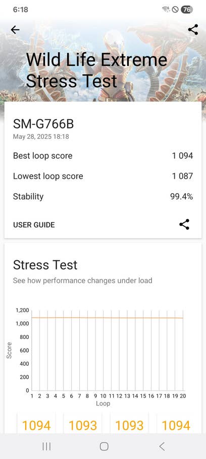 Benchmark-Ergebnisse des Samsung Galaxy XCover 7 Pro für den Wild Life Extreme Stress Test, mit Punktzahlen und Stabilität.
