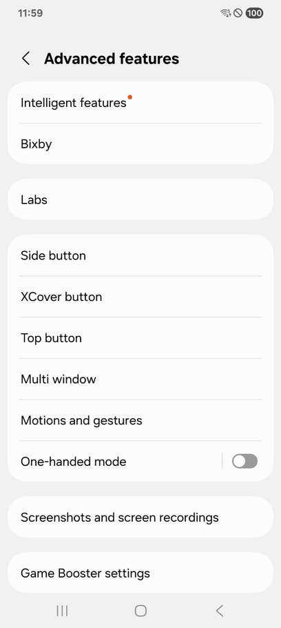 Samsung Galaxy XCover 7 Pro Einstellungen-Menü mit erweiterten Funktionen und Optionen für Shortcut-Tasten.