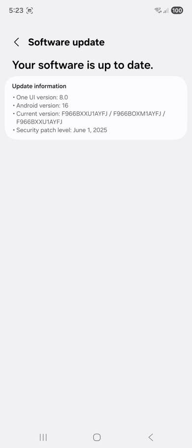 Samsung Galaxy Z Fold 7 Software-Update-Bildschirm zeigt One UI-Version 8.0 und Android-Version 16.