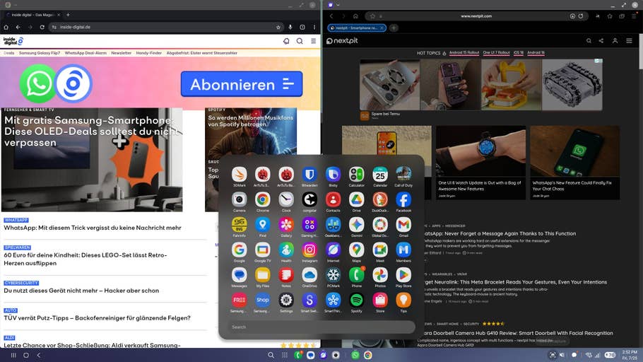 Screenshots des Samsung Galaxy Z Fold 7 im DeX-Modus, der App-Drawer und zwei Webseiten zeigt.