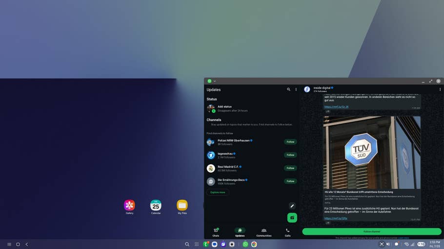 Screenshot des Samsung Galaxy Z Fold 7, das eine digitale Updates-Oberfläche mit Status- und Kanaloptionen anzeigt.