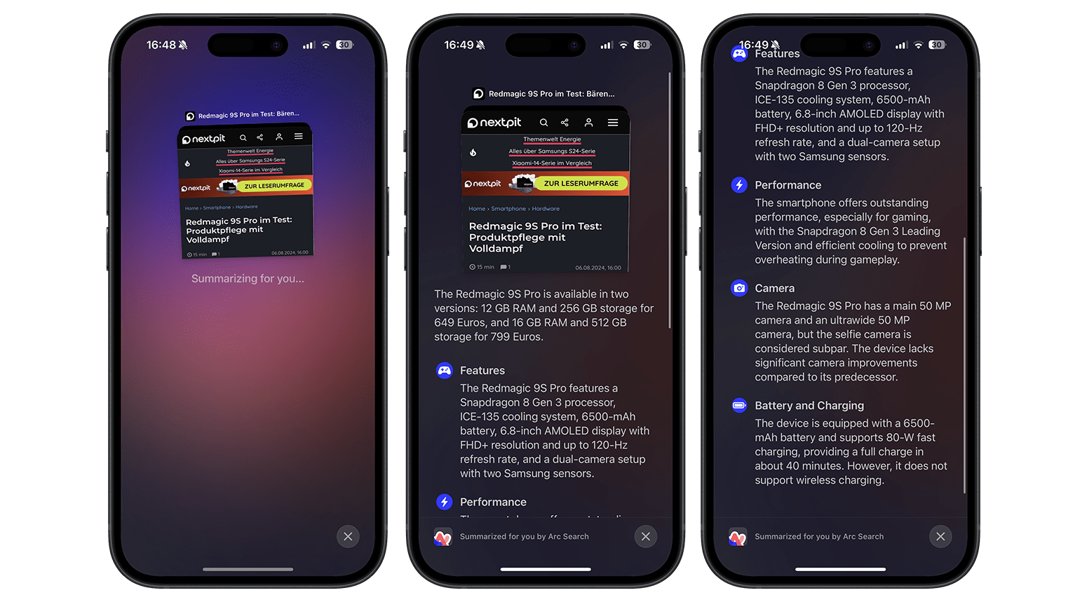 Screenshots des Arc-Browsers auf dem iPhone