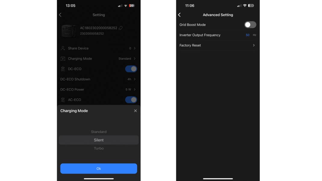 Bluetti-App Erweiterte Einstellungen und Lademodus