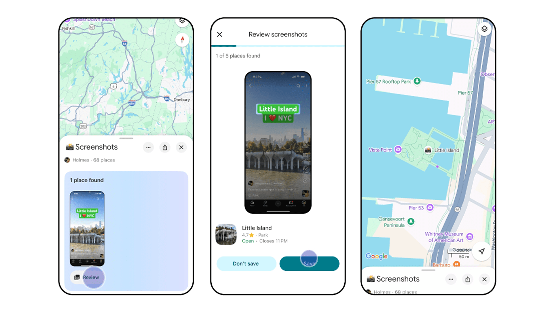 Drei Smartphones, die Karten und Screenshots von Little Island in NYC anzeigen.