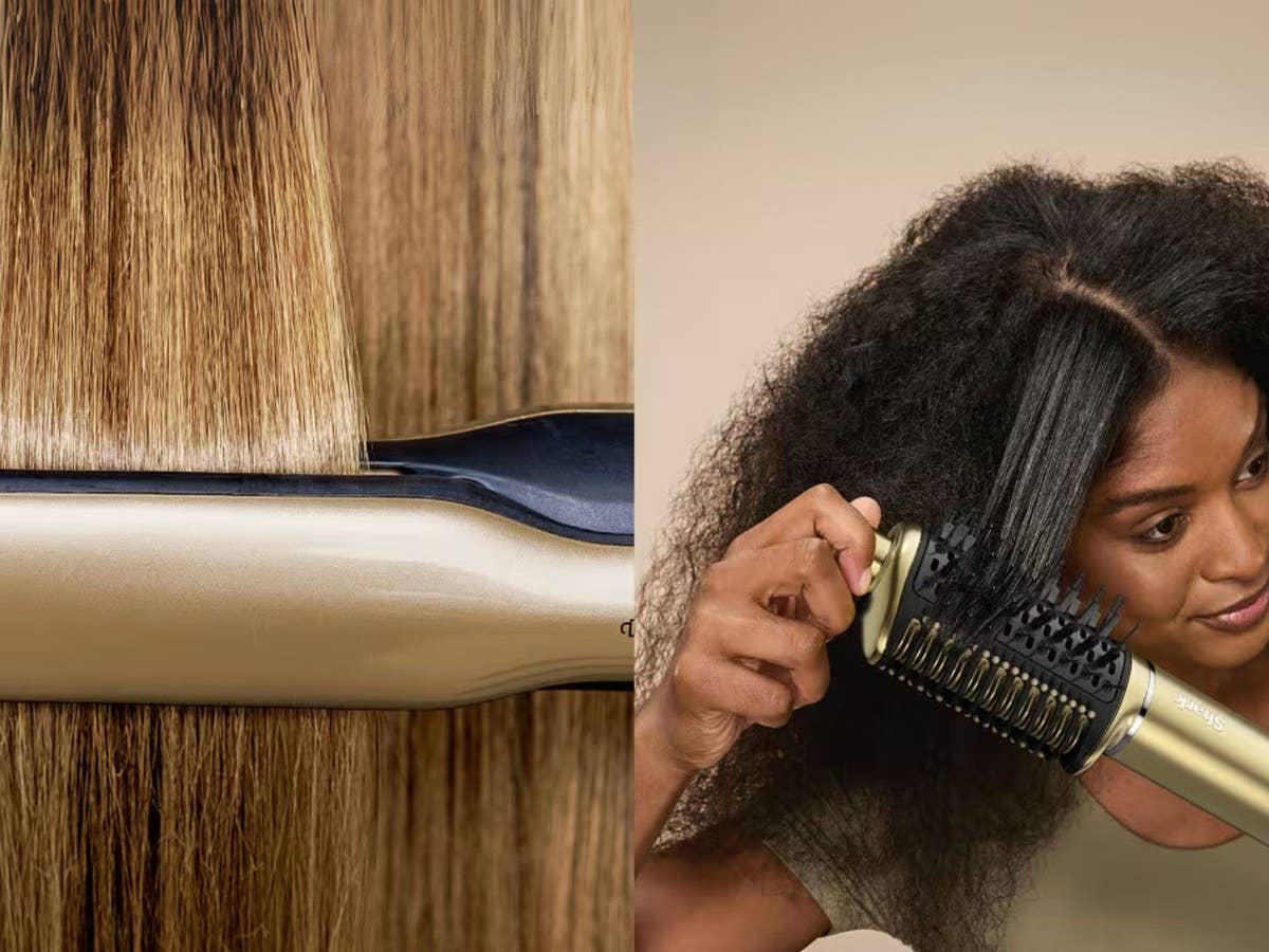 Ein elegantes Haarstyling-Tool auf einem Holz-Hintergrund; eine Frau stylt ihr Haar mit einer Rundbürste.