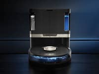 Shark PowerDetect NeverTouch Pro Saugroboter mit modernem Design und beleuchteten Funktionen.