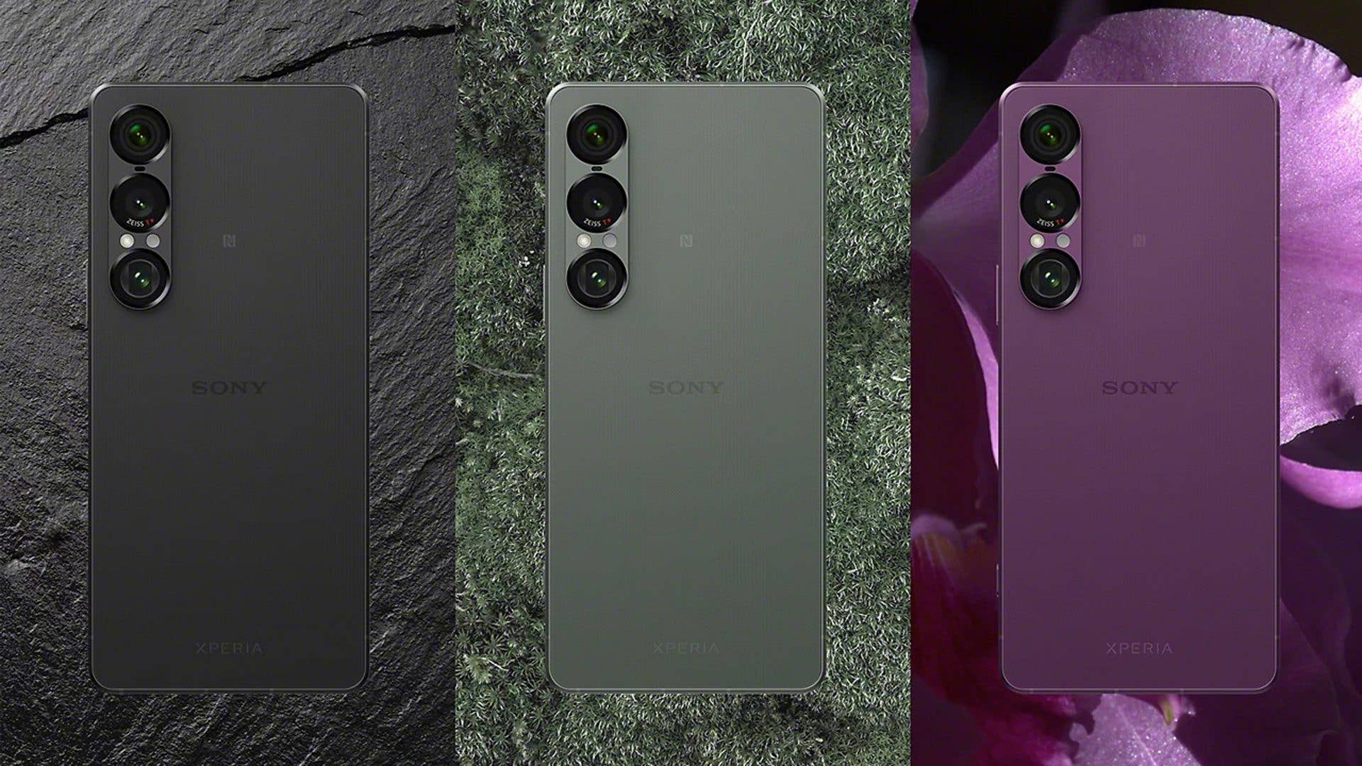 Drei Sony Xperia 1 VII Smartphones in Schwarz, Grün und Lila auf strukturierten Hintergründen.