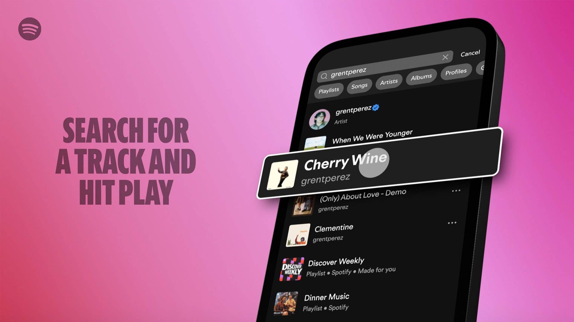 Ein Smartphone zeigt Spotify-Suchergebnisse mit Songs und Playlists.