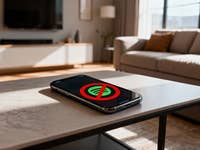 Ein Smartphone auf einem Tisch, das ein 'kein Spotify'-Symbol in einem modernen Wohnzimmer zeigt.