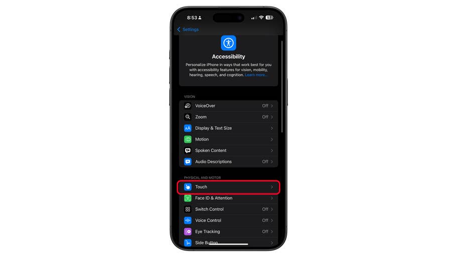 iPhone-Einstellungsmenü zeigt Barrierefreiheitsoptionen mit hervorgehobenem Touch.