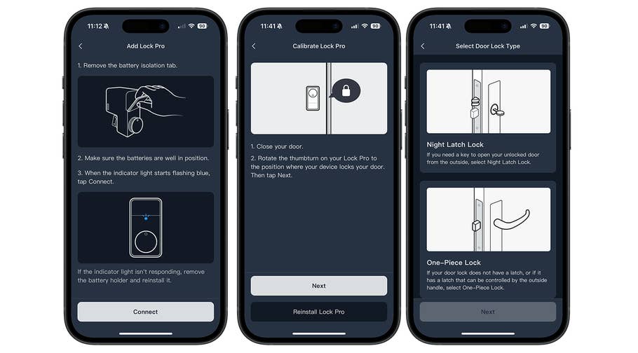 Bildschirme, die die Einrichtungsschritte für das SwitchBot Smart Lock Pro zeigen, einschließlich der Batteriemontage und der Auswahl des Schloss Typs.