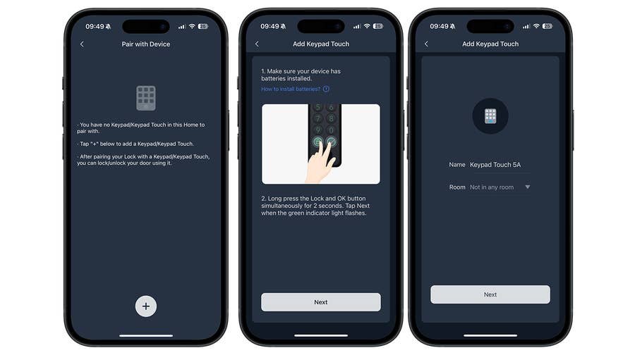 Drei Smartphone-Bildschirme zeigen den Pairing-Prozess des SwitchBot Smart Lock Pro und Anweisungen zur Einrichtung der Tastatur.