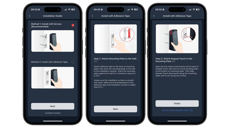 Installationsanleitung für SwitchBot Smart Lock Pro, zeigt zwei Installationsmethoden: Schrauben und Klebeband.