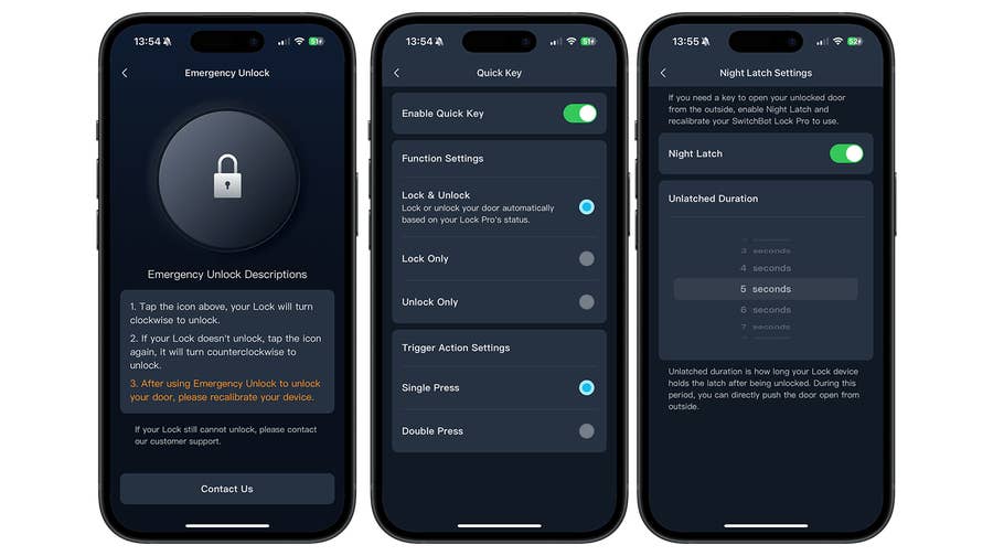 App-Oberfläche des SwitchBot Smart Lock Pro mit Notentriegelung, Schnellschlüssel- und Nachtsperreinstellungen.