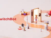 Bunte Illustration von SwitchBot-Geräten mit einer Figur, die eine Tür öffnet, um den Prime Day zu bewerben.