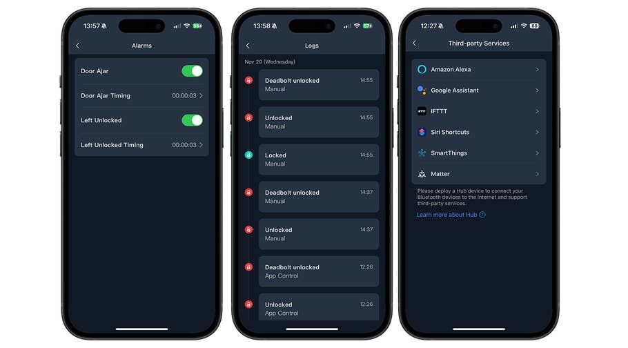 SwitchBot Smart Lock Pro-App-Oberfläche zeigt Alarme, Protokolle und Drittanbieterdienste.