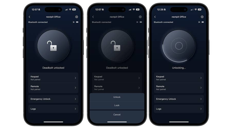Drei Smartphone-Bildschirme, die die SwitchBot Smart Lock Pro-App mit Entsperrfunktionen anzeigen.