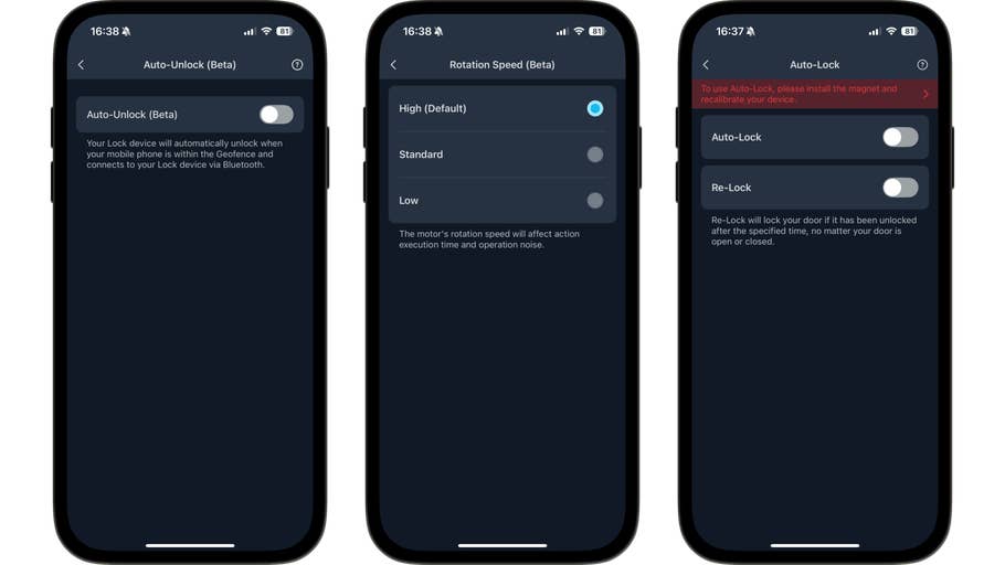 Drei Smartphone-Bildschirme, die Einstellungen für das SwitchBot Smart Lock Ultra anzeigen, einschließlich Auto-Unlock und Auto-Lock.
