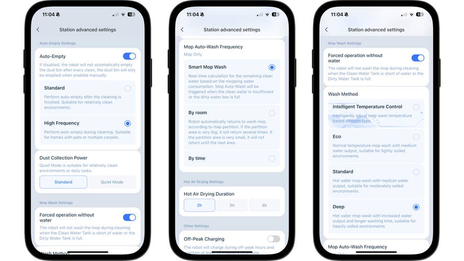 Mobile-App-Einstellungen für Ecovacs T80 Omni, einschließlich Auto-Entleeren und Mop-Waschfrequenz.