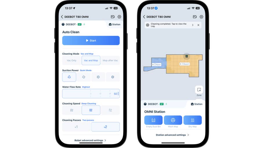 Smartphone zeigt die Ecovacs Deebot T80 Omni-App mit Reinigungsoptionen und Kartenlayout.