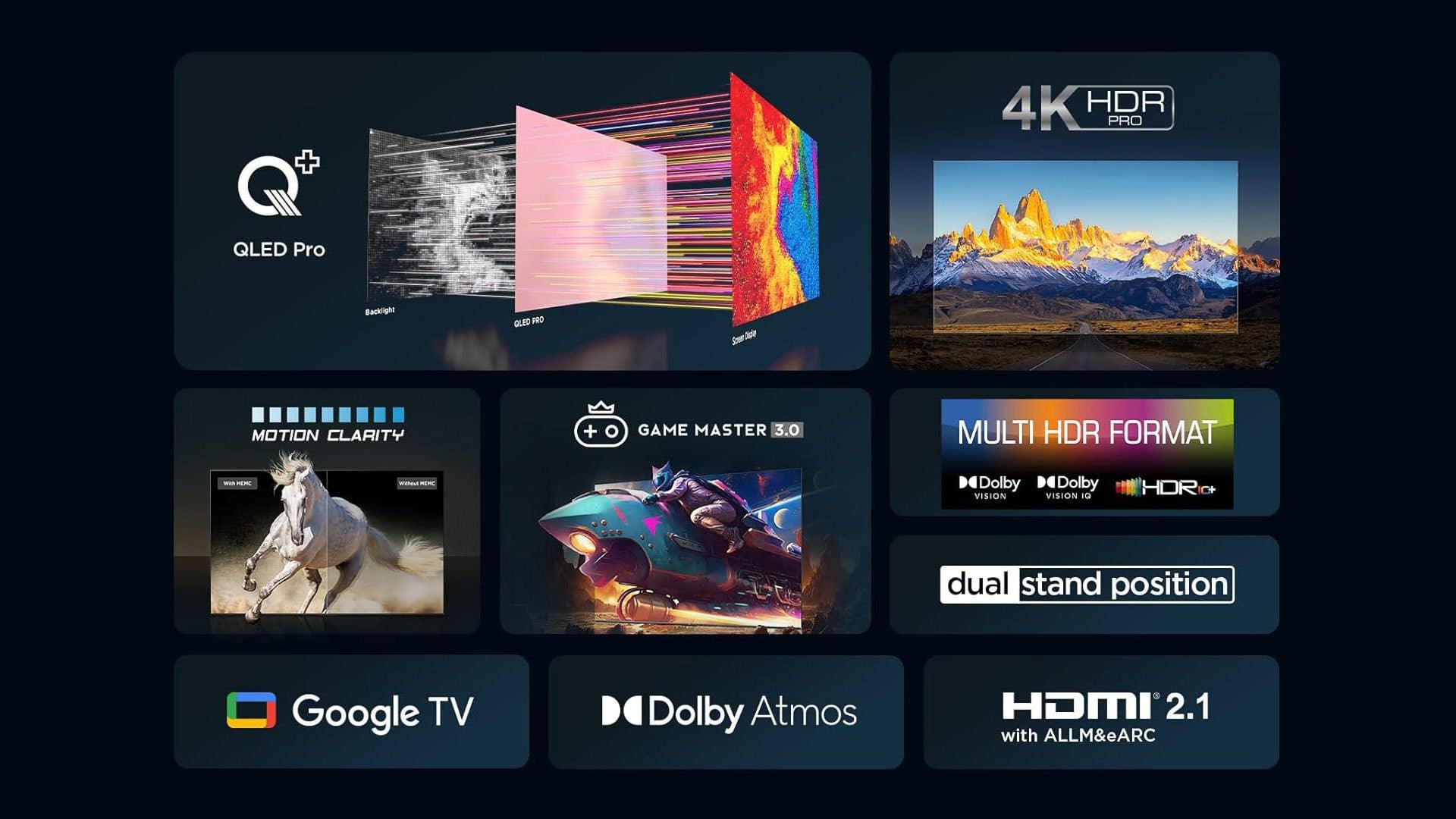 TCL QLED Pro TV-Funktionen: 4K HDR, Bewegungsunschärfe, Game Master 3.0, Google TV, Dolby Atmos, HDMI 2.1. TCL QLED Pro TV-Funktionen: 4K HDR, Bewegungsunschärfe, Game Master 3.0, Google TV, Dolby Atmos, HDMI 2.1.