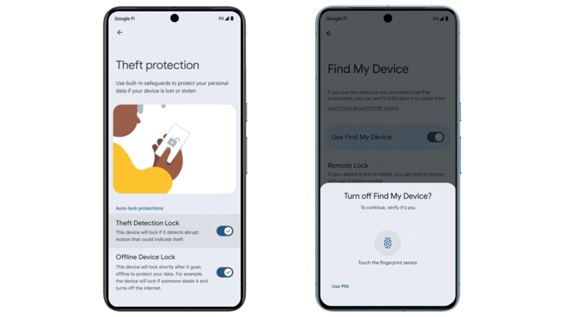 Screenshots zeigen die Integration des Diebstahlschutzes auf einem Android-Handy