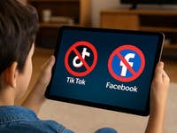 Ein Kind hält ein Tablet mit den Symbolen 'Kein Tik Tok' und 'Kein Facebook'.