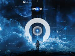 Eine Figur steht auf einer wolkenbedeckten Fläche und blickt auf eine futuristische Struktur mit dem Text 'BABEL - OS'.