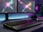 Eine Gaming-Tastatur mit RGB-Beleuchtung auf einem Schreibtisch, flankiert von zwei Monitoren mit bunten Grafiken.