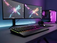 Eine Gaming-Tastatur mit RGB-Beleuchtung auf einem Schreibtisch, flankiert von zwei Monitoren mit bunten Grafiken.