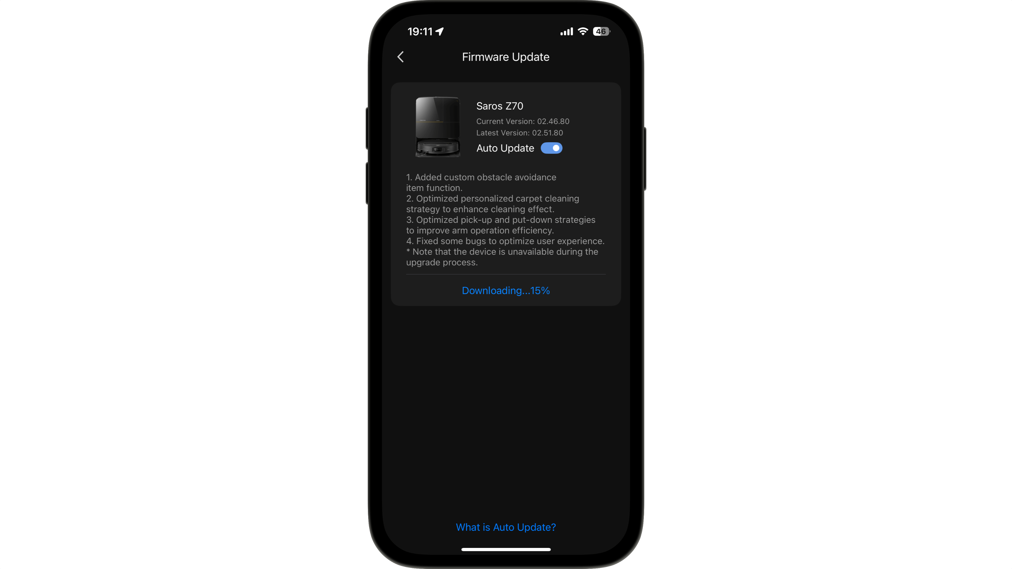 Firmware-Update-Bildschirm für Roborock Saros Z70, der aktuelle und neueste Version mit Download-Fortschritt zeigt.