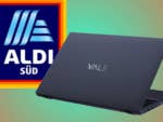 Ein Vale-Notebook neben dem Aldi Süd-Logo auf einem bunten Hintergrund.