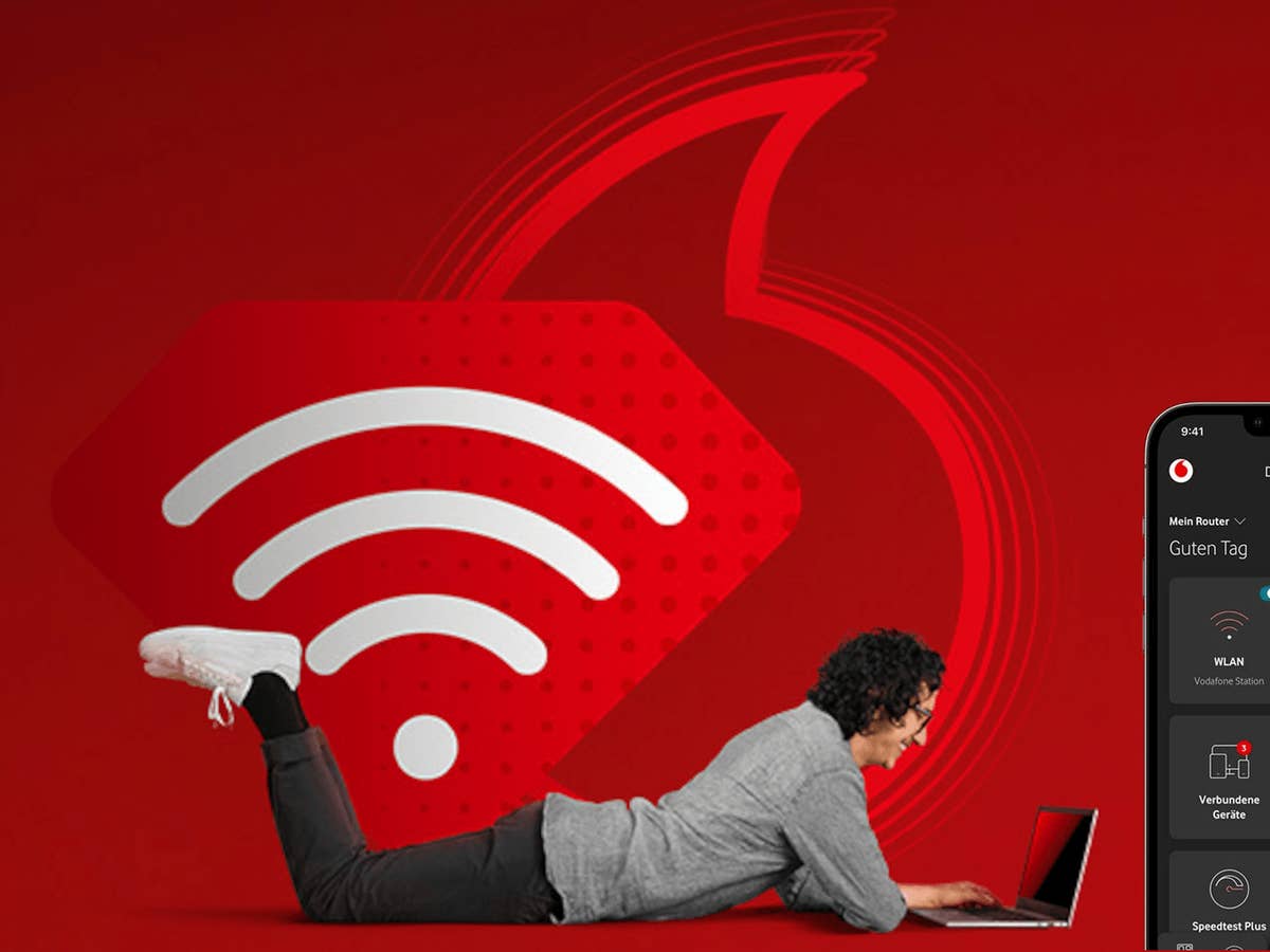 Vodafone will unserem heimischen WLAN Flügel verleihen. Vodafone-Logo und WLAN-Symbol plus Vodafone App und ein Notebook-Nutzer