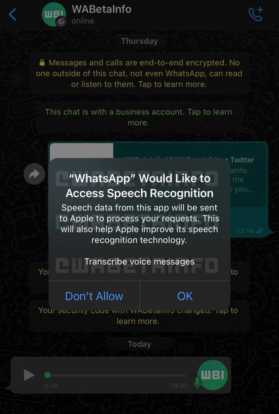 WA TRANSCRIPT VOICE MESSAGE PERMISSION IOS
